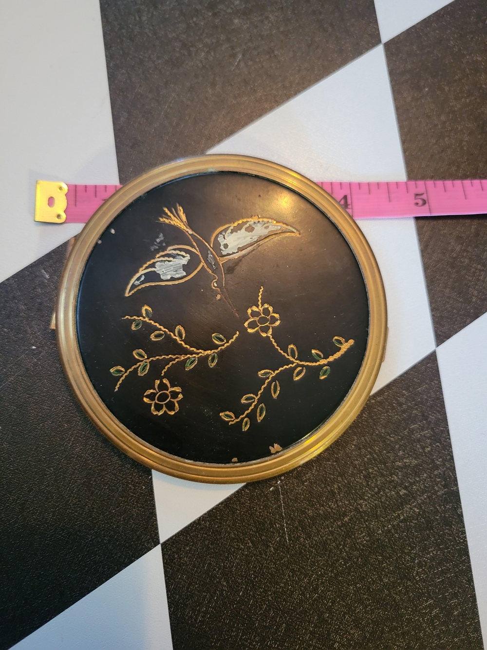 Vintage Black & Gold Round Compact Mirror - Women Makeup Accessory